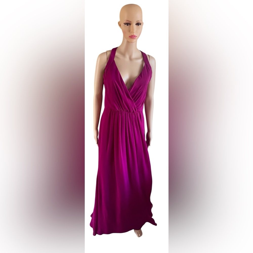 HP 🥳🔥 Hayley Paige Occasions Azalea Chiffon Pleated Halter Maxi Dress - Picture 2 of 8
